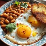 Close-up of a vibrant Breakfast Plate with Beans and Eggs, served with toasted bread and garnished with cilantro.