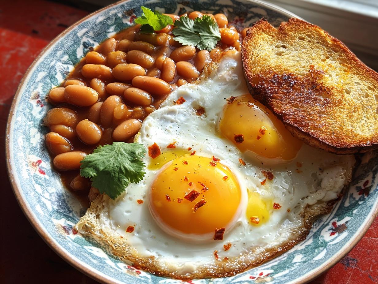Close-up of a vibrant Breakfast Plate with Beans and Eggs, served with toasted bread and garnished with cilantro.