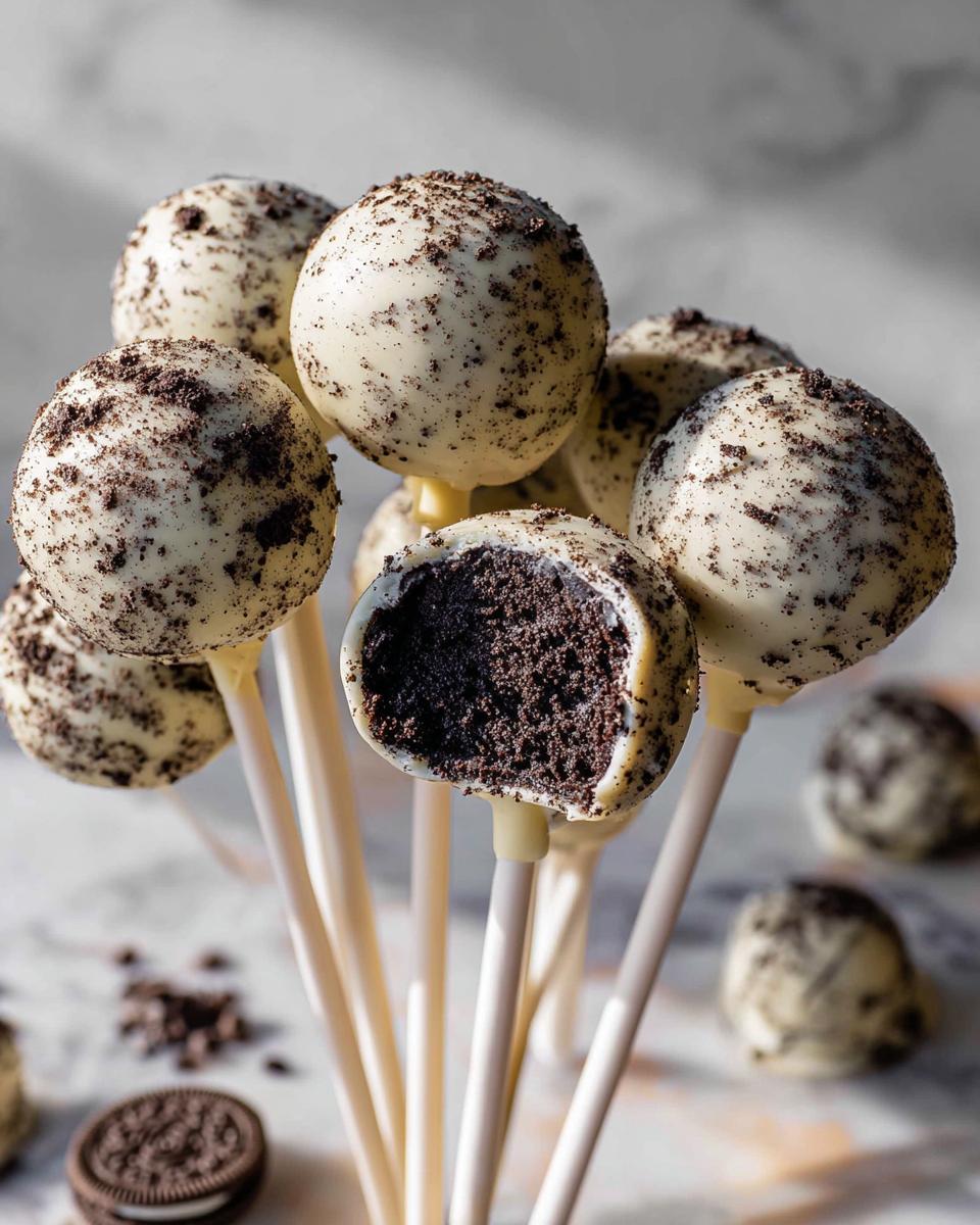 A bouquet of white chocolate-dipped Oreo Cake Pops, one showing the dark, rich interior filling.