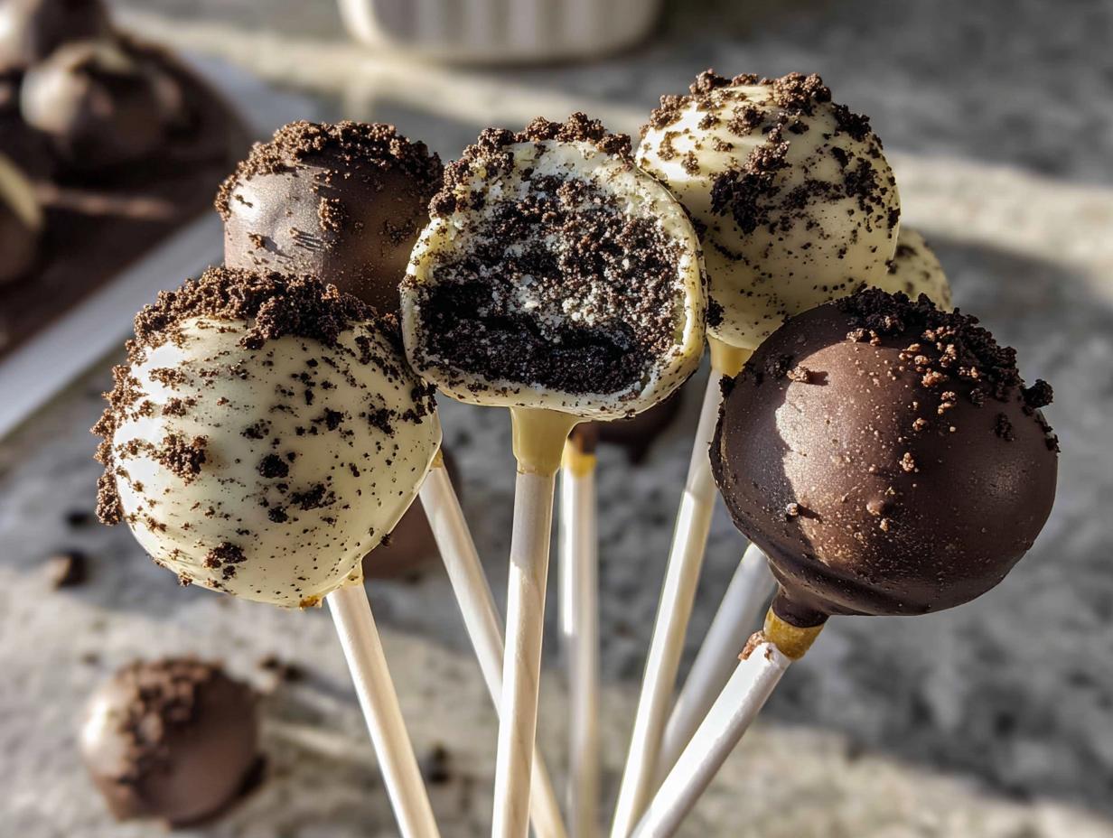 A bouquet of dark and white chocolate coated Oreo Cake Pops, one cut open to show the filling.