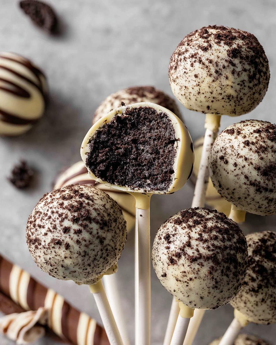 A cluster of white chocolate-coated Oreo Cake Pops, one cut open revealing the dark chocolate center.