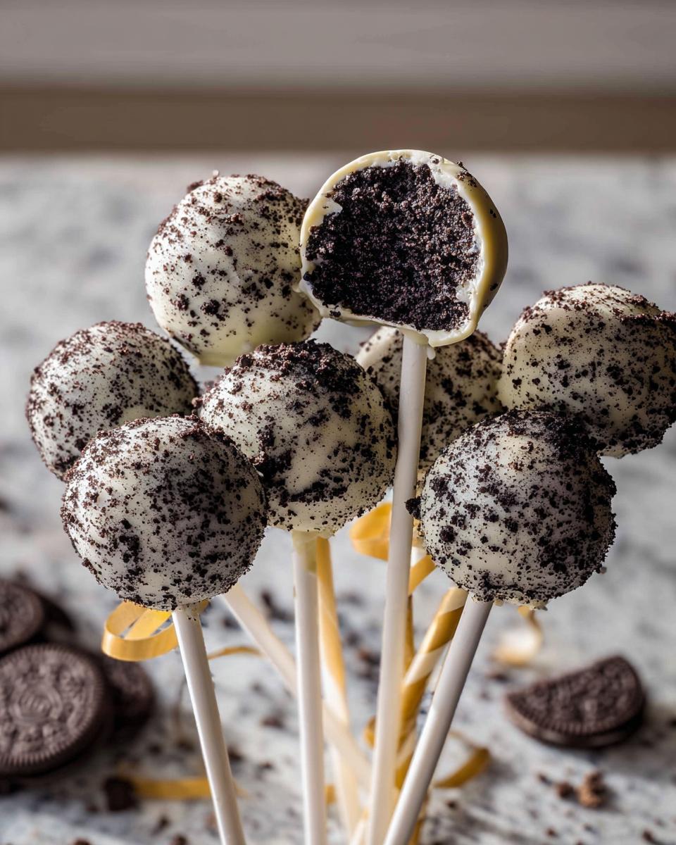 A bouquet of white chocolate dipped Oreo Cake Pops, one cut open to show the dark cookie center.