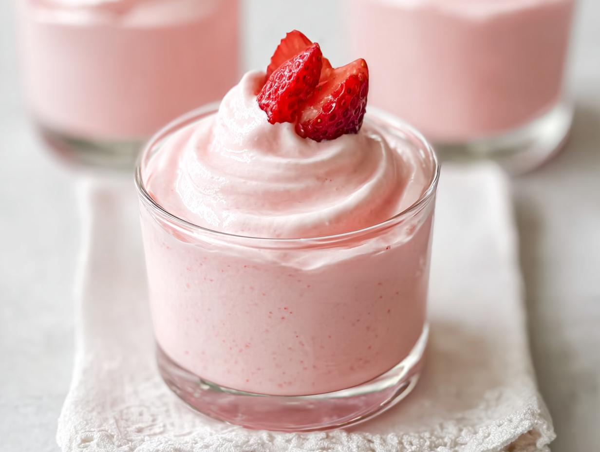 Close-up of a glass filled with light pink Strawberry Mousse, topped with a swirl and fresh strawberry slices.