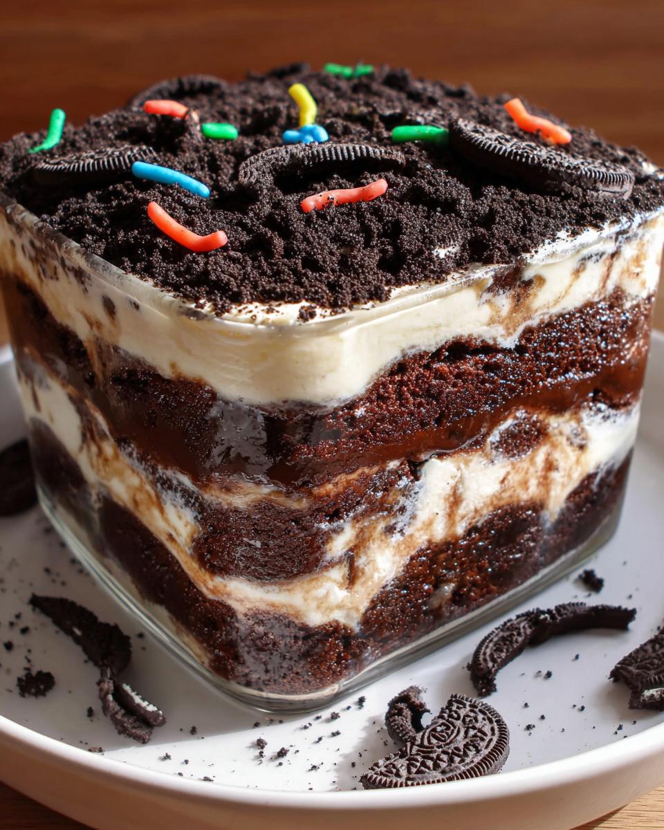 Close-up of a layered Brownie Dirt Cake featuring chocolate cake, cream, and crushed Oreo topping with colorful sprinkles.