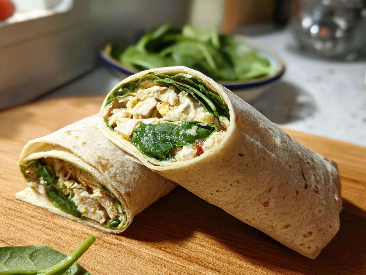 Two halves of a freshly made Chicken & Spinach Wrap, showing diced chicken and vibrant green spinach inside a tortilla.