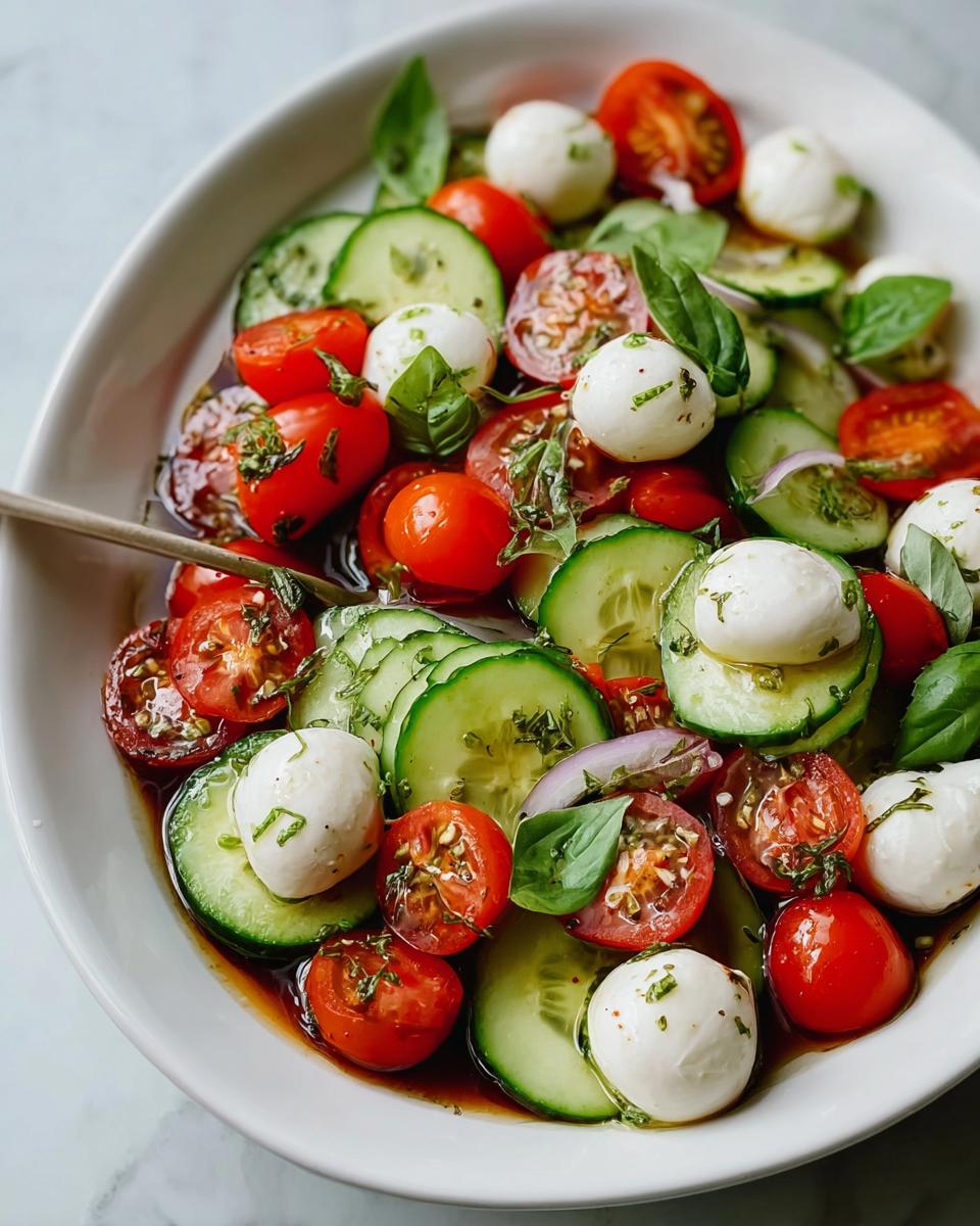 Close-up of a fresh 5-Minute Cucumber Caprese salad with mozzarella balls, cherry tomatoes, and basil in balsamic dressing.