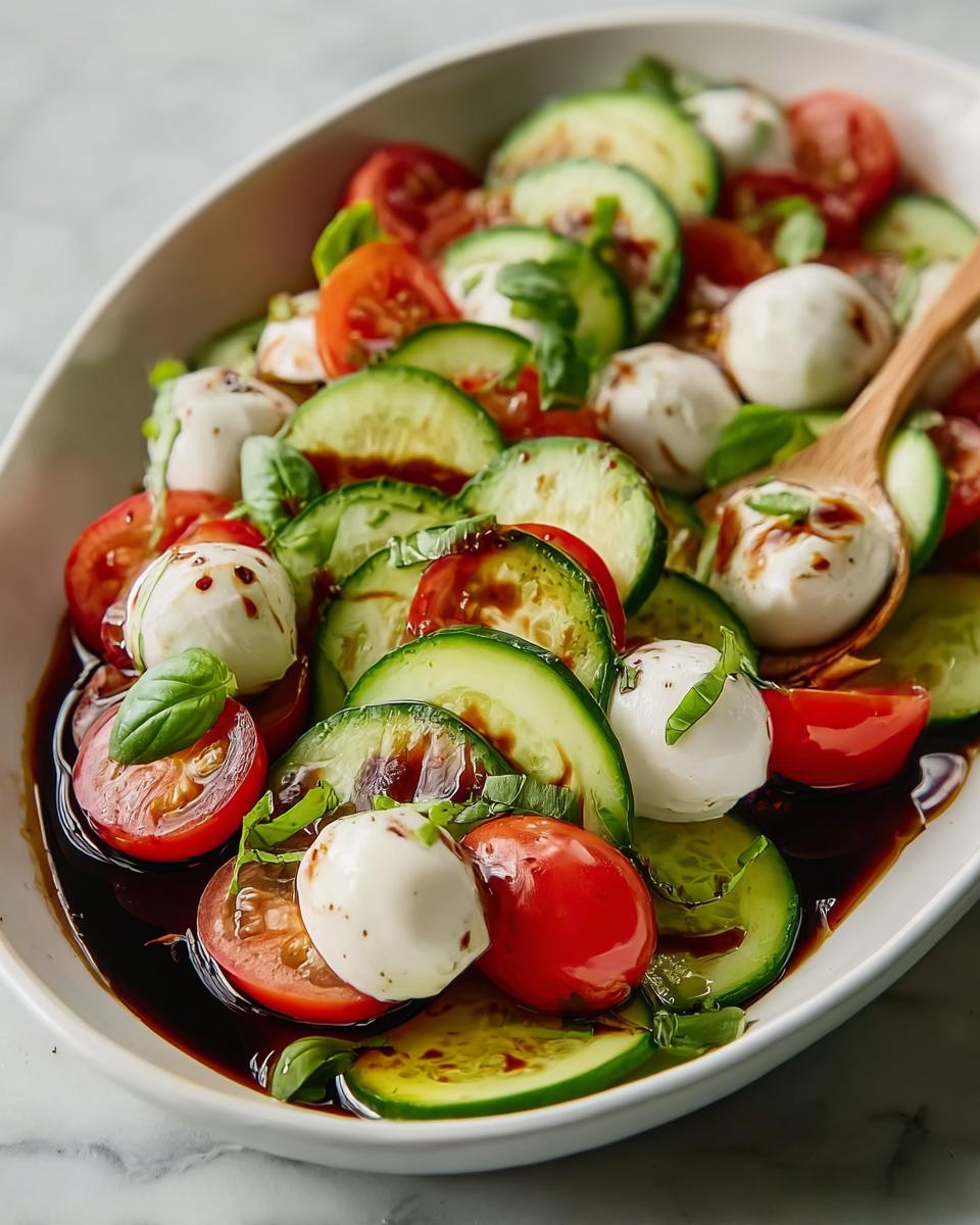 Close-up of a fresh 5-Minute Cucumber Caprese salad featuring sliced cucumbers, cherry tomatoes, mozzarella balls, and balsamic glaze.