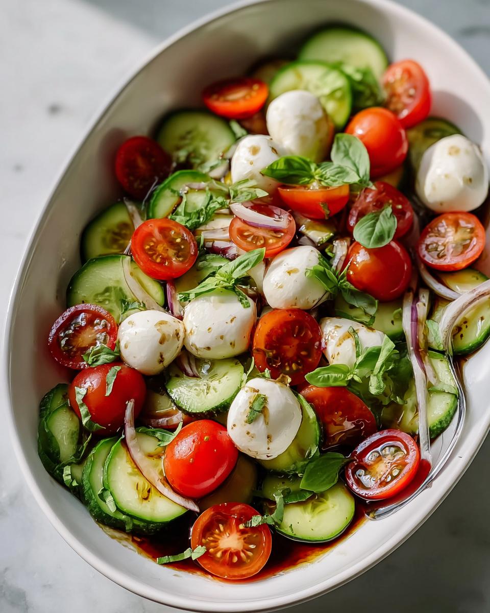 Close-up of a vibrant 5-Minute Cucumber Caprese salad featuring mozzarella balls, cherry tomatoes, and sliced cucumbers.