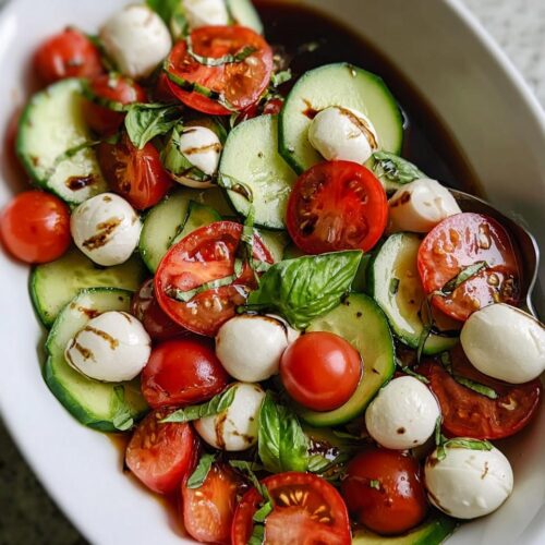Close-up of a white bowl filled with 5-Minute Cucumber Caprese featuring sliced cucumbers, cherry tomatoes, mozzarella balls, and basil drizzled with balsamic glaze.