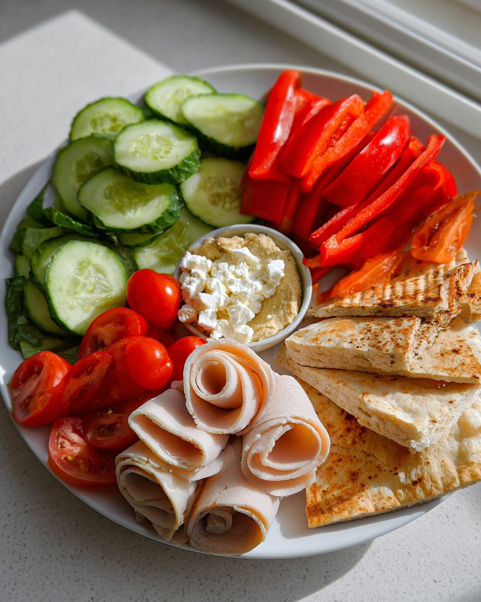 A vibrant Healthy Snack Plate featuring sliced cucumbers, red peppers, tomatoes, rolled turkey slices, pita bread, and a dip topped with feta.