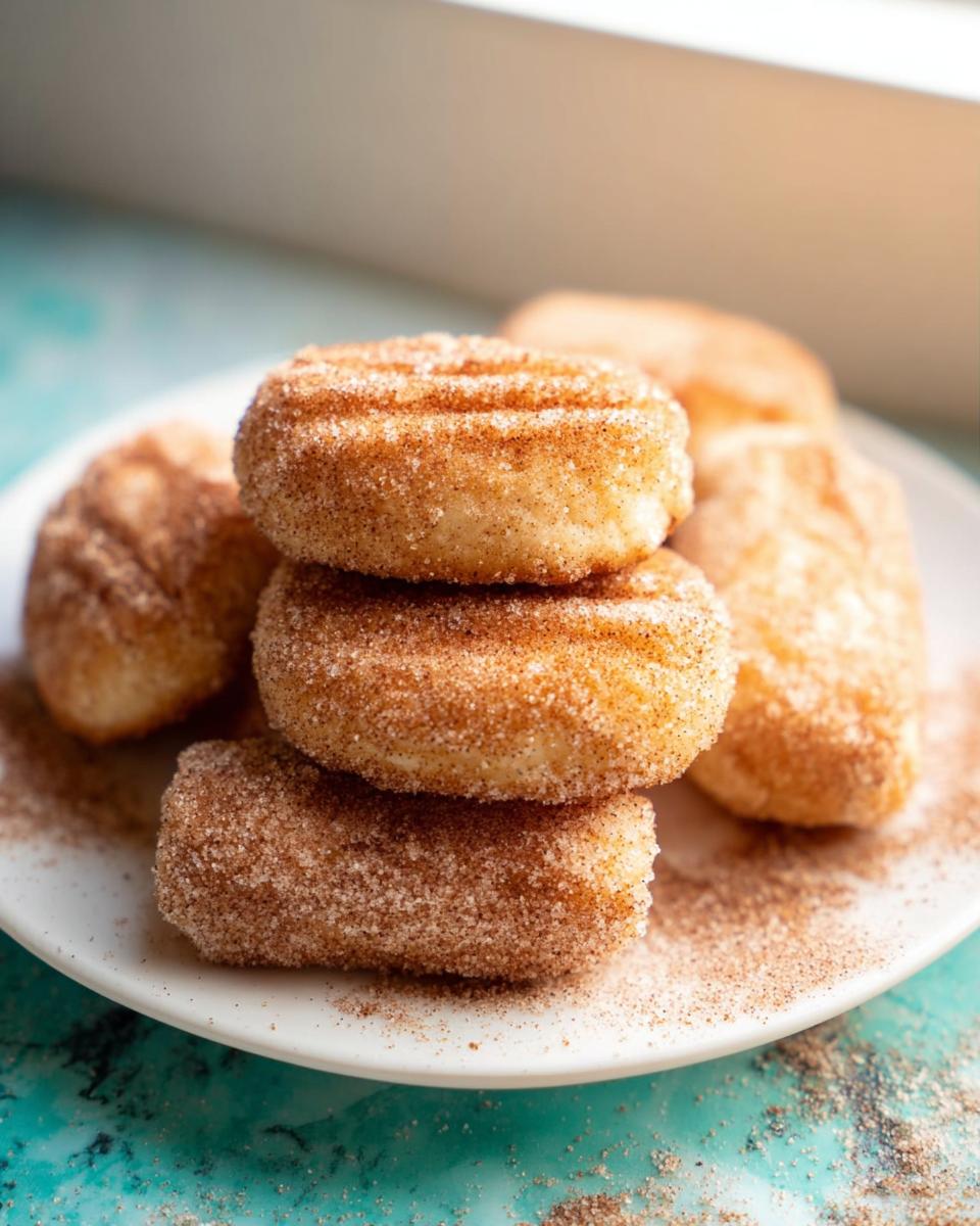 A stack of three freshly made Air Fryer Churro Cookies generously coated in cinnamon sugar on a white plate.