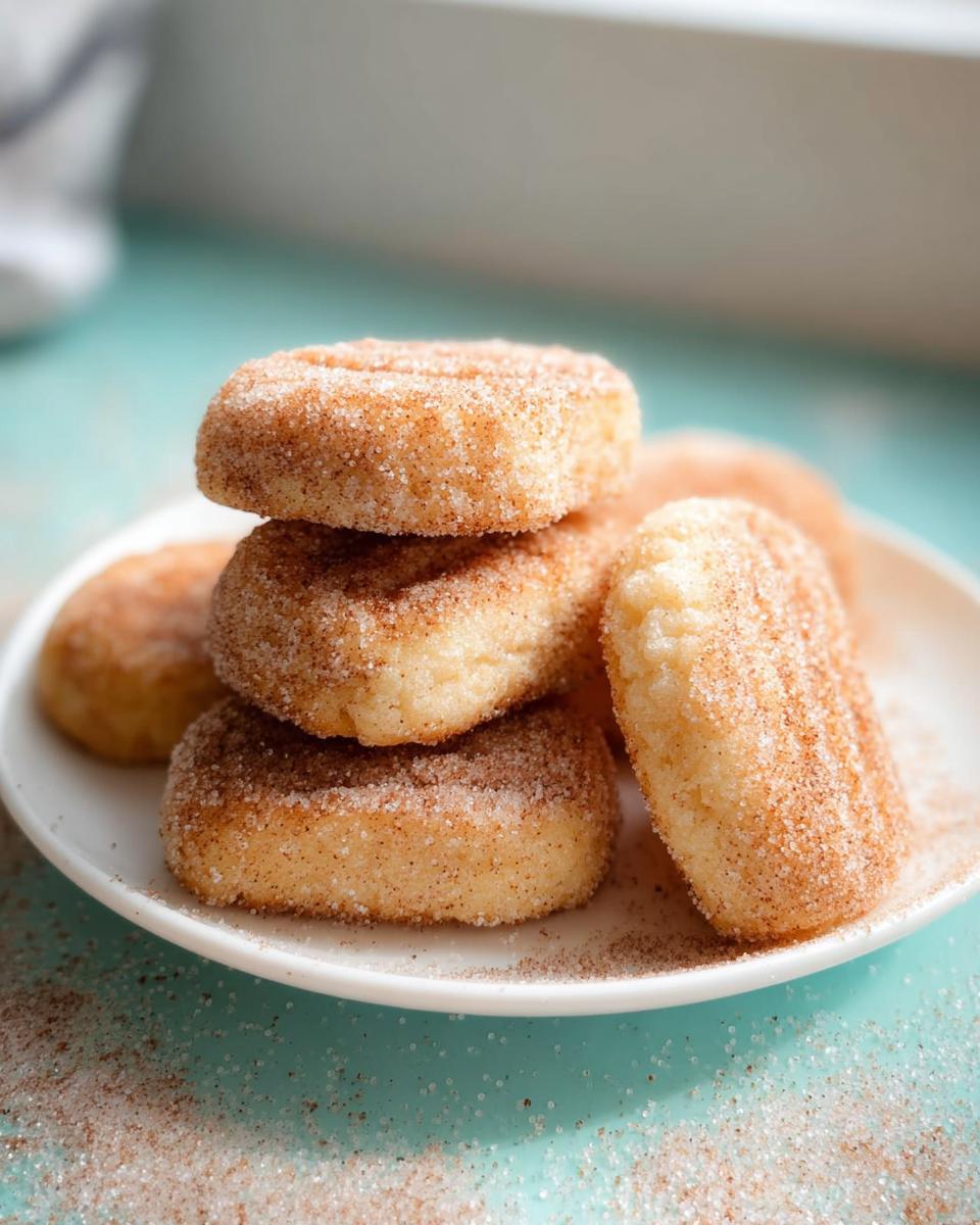 A stack of freshly made Air Fryer Churro Cookies generously coated in cinnamon sugar, resting on a white plate.