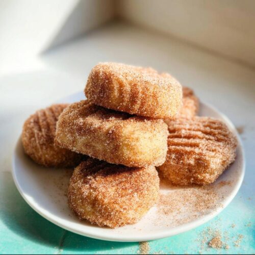 A stack of freshly made Air Fryer Churro Cookies heavily coated in cinnamon sugar on a white plate.
