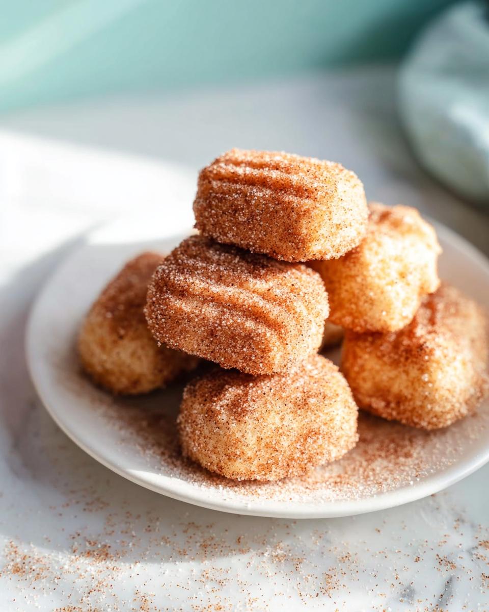 A small stack of golden Air Fryer Churro Cookies heavily coated in cinnamon sugar on a white plate.