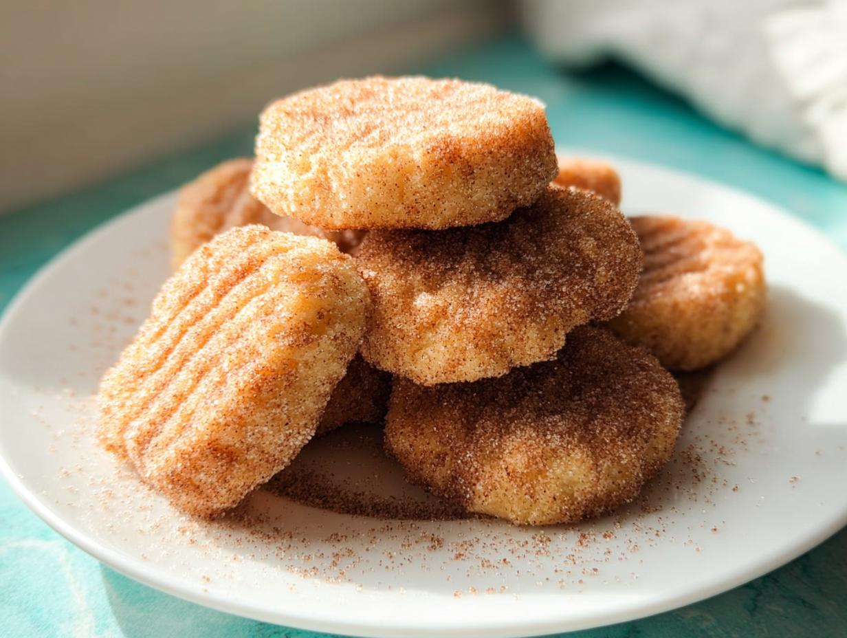 A stack of freshly made Air Fryer Churro Cookies coated heavily in cinnamon sugar, resting on a white plate.