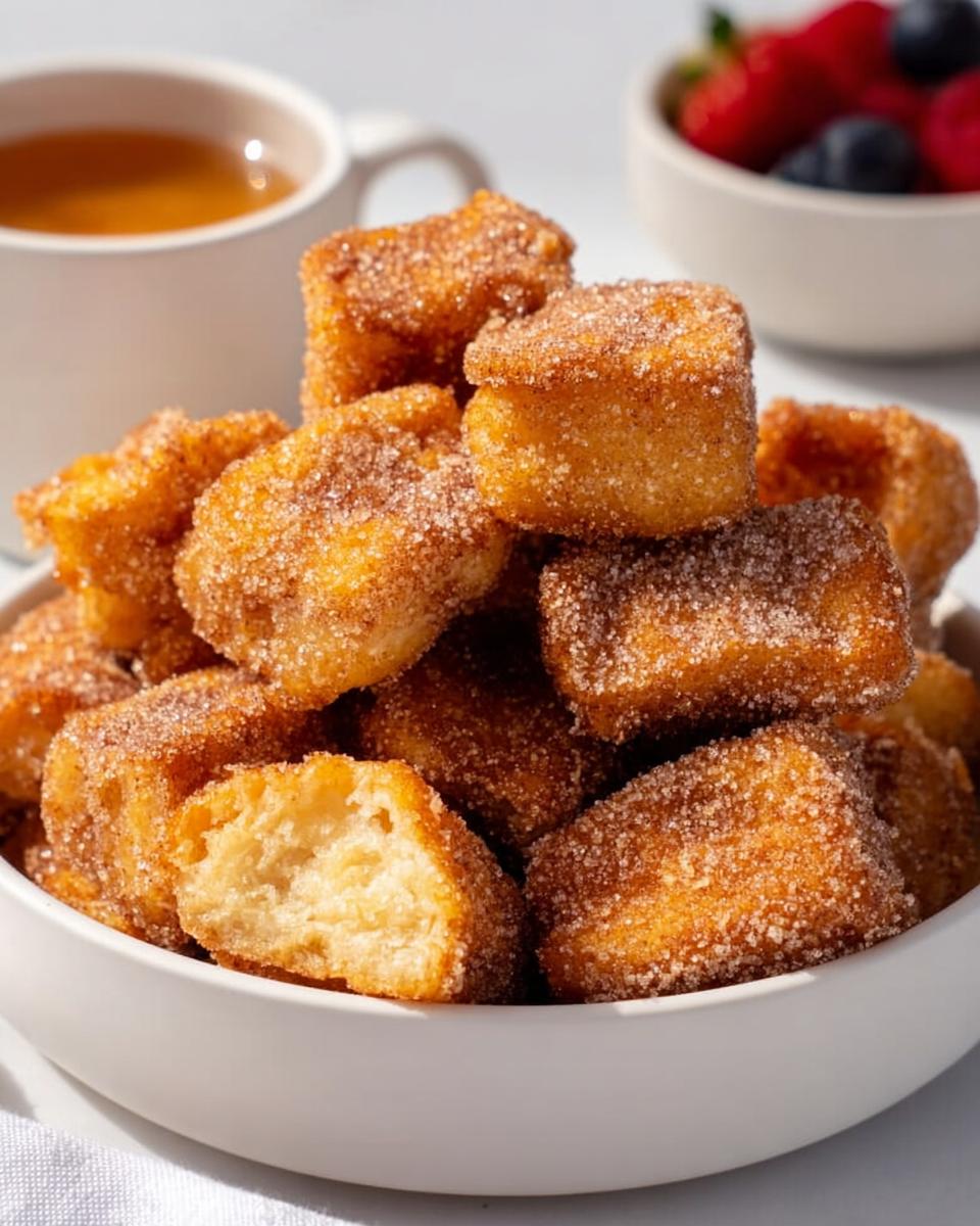 A white bowl piled high with golden Air Fryer Churro French Toast Bites coated in cinnamon sugar.