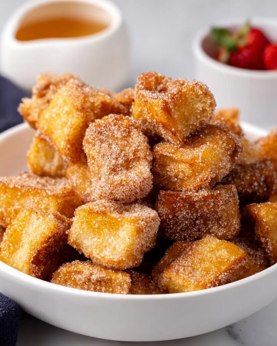 A white bowl filled with golden brown Air Fryer Churro French Toast Bites coated in cinnamon sugar.
