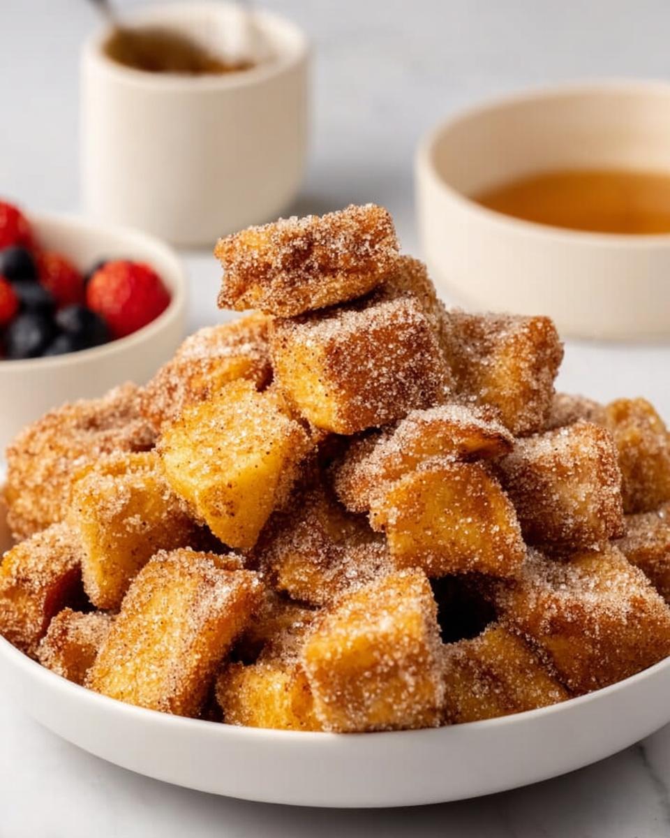 A white bowl overflowing with golden Air Fryer Churro French Toast Bites coated in cinnamon sugar.