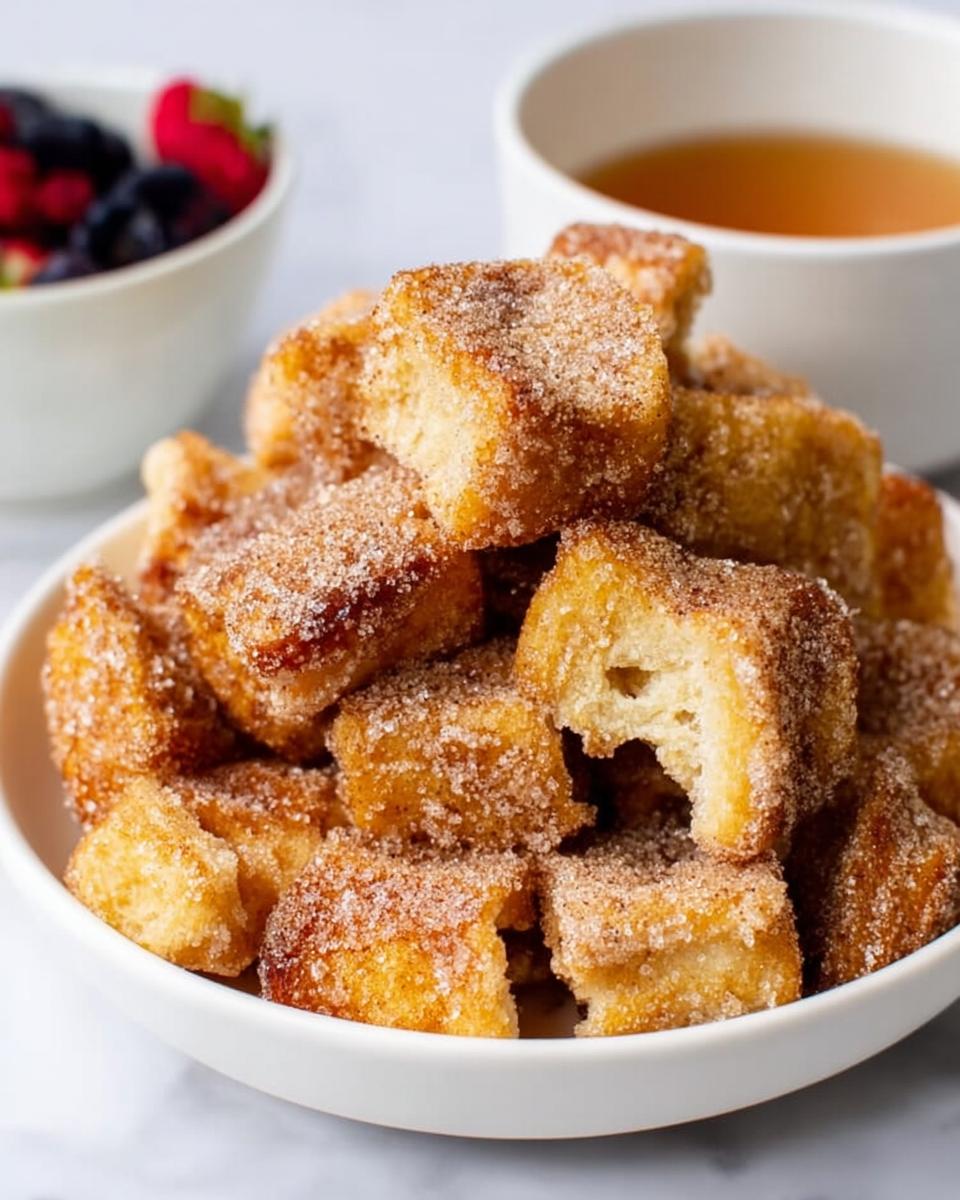Close-up of golden Air Fryer Churro French Toast Bites piled high in a white bowl, coated in cinnamon sugar.