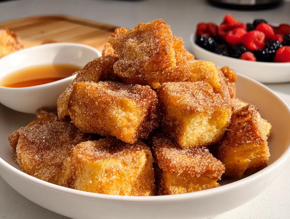 A close-up of golden Air Fryer Churro French Toast Bites coated in cinnamon sugar, served with syrup and berries.