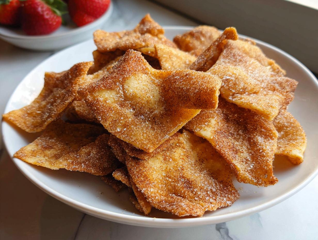 A close-up of crispy Air Fryer Cinnamon Sugar Tortilla Chips heavily coated in cinnamon and sugar, piled on a white plate.