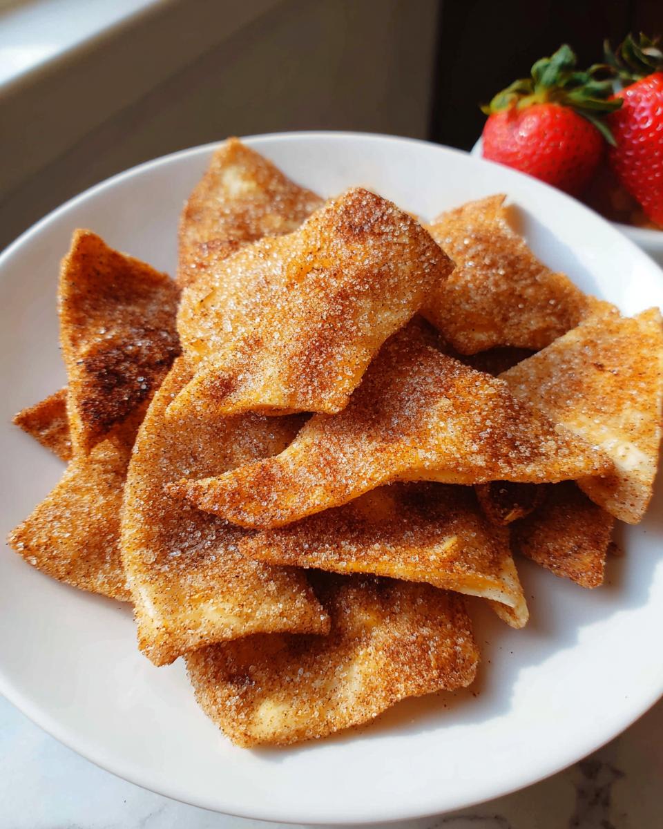 A white plate piled high with crispy Air Fryer Cinnamon Sugar Tortilla Chips dusted heavily with cinnamon and sugar.