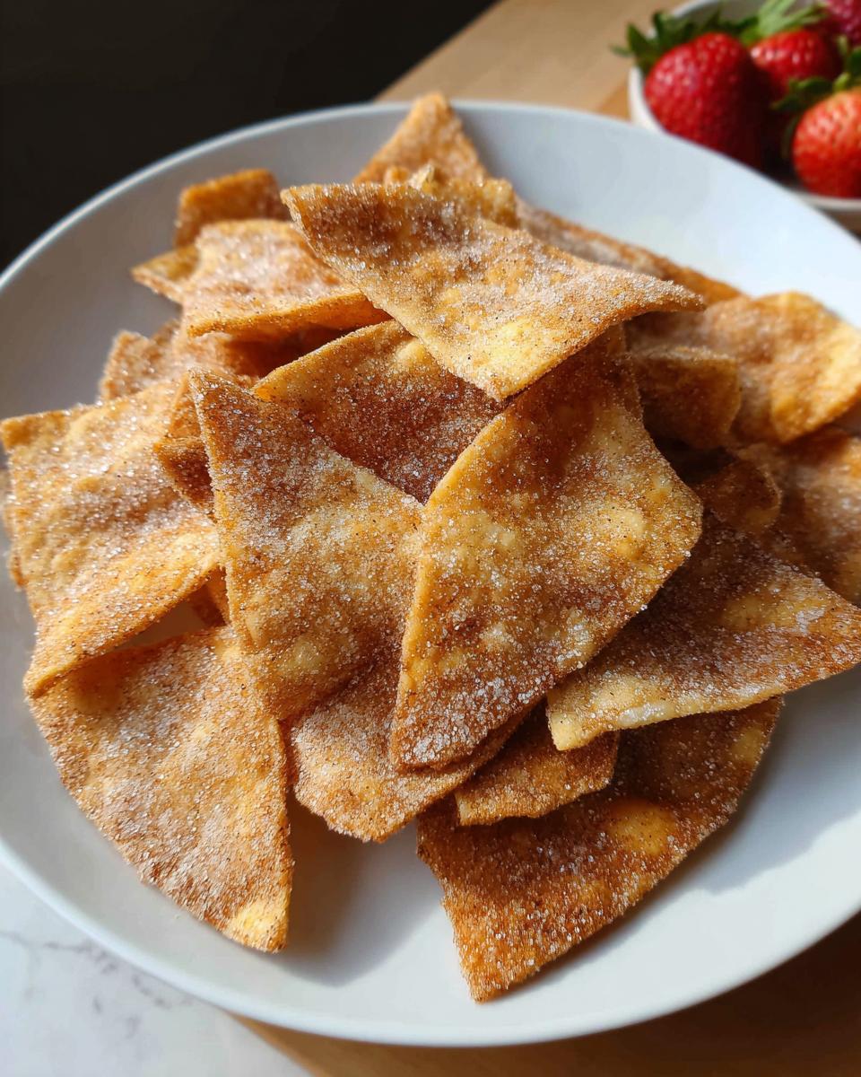 A pile of crispy Air Fryer Cinnamon Sugar Tortilla Chips generously coated in cinnamon sugar, served on a white plate.