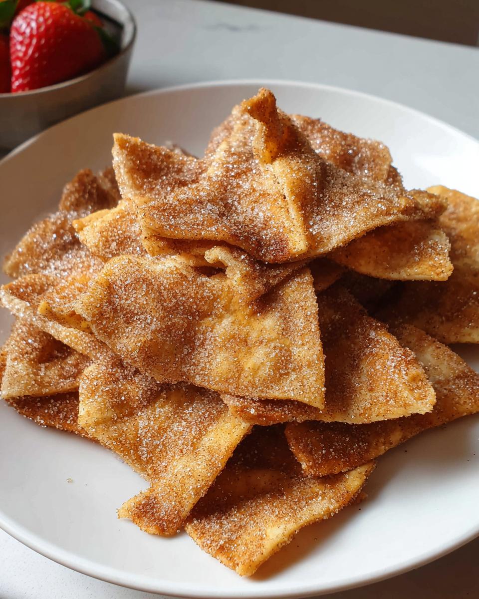 A mound of crispy Air Fryer Cinnamon Sugar Tortilla Chips heavily coated in sparkling sugar and cinnamon on a white plate.
