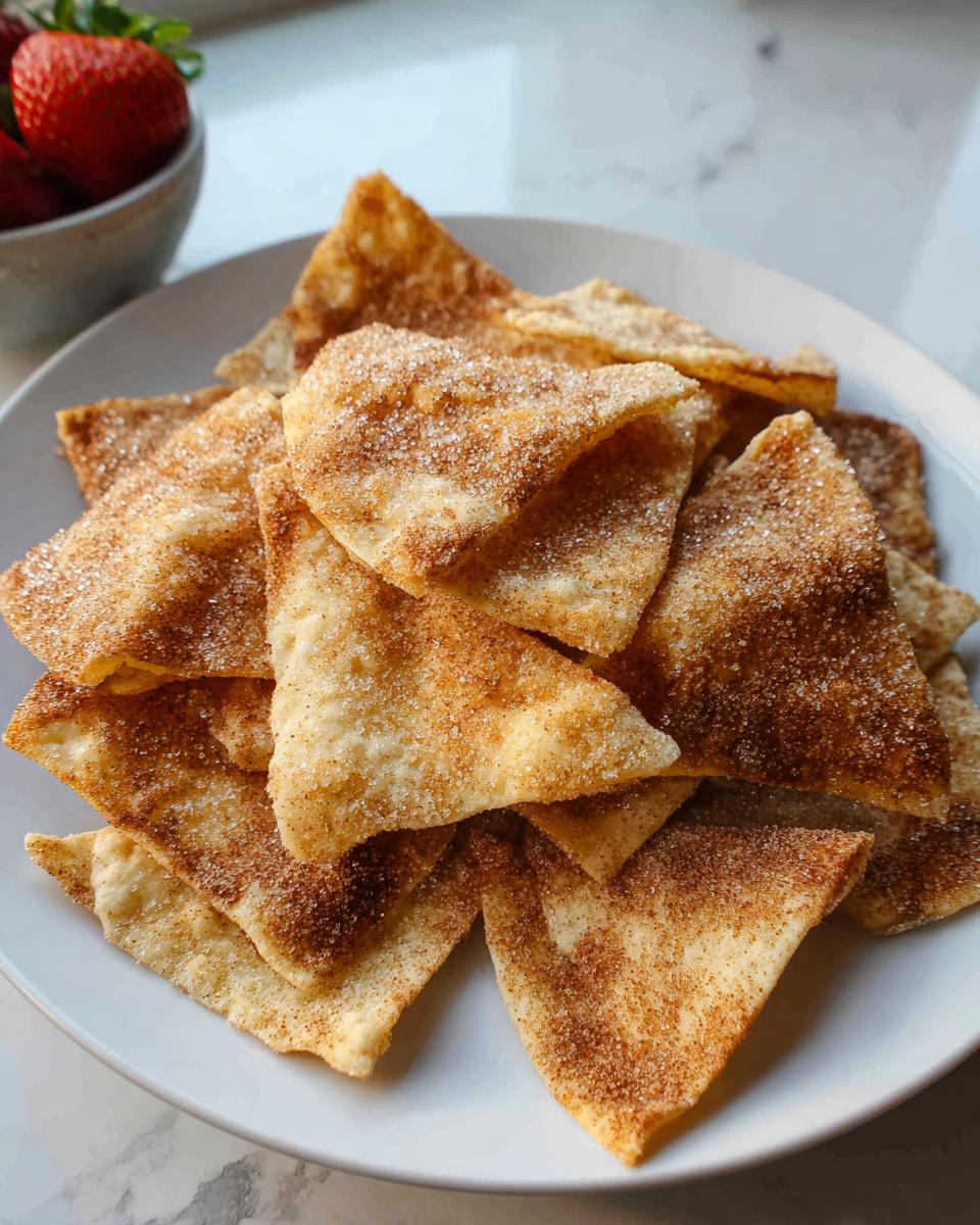 A white plate piled high with crispy Air Fryer Cinnamon Sugar Tortilla Chips, dusted generously with cinnamon sugar.