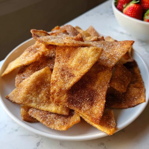 A white plate piled high with crispy Air Fryer Cinnamon Sugar Tortilla Chips coated in visible sugar and cinnamon.