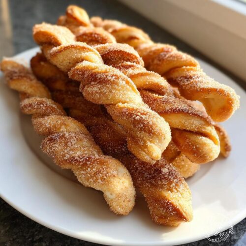 A close-up of several golden, twisted pastries heavily coated in cinnamon sugar, known as Air Fryer Cinnamon Twists.