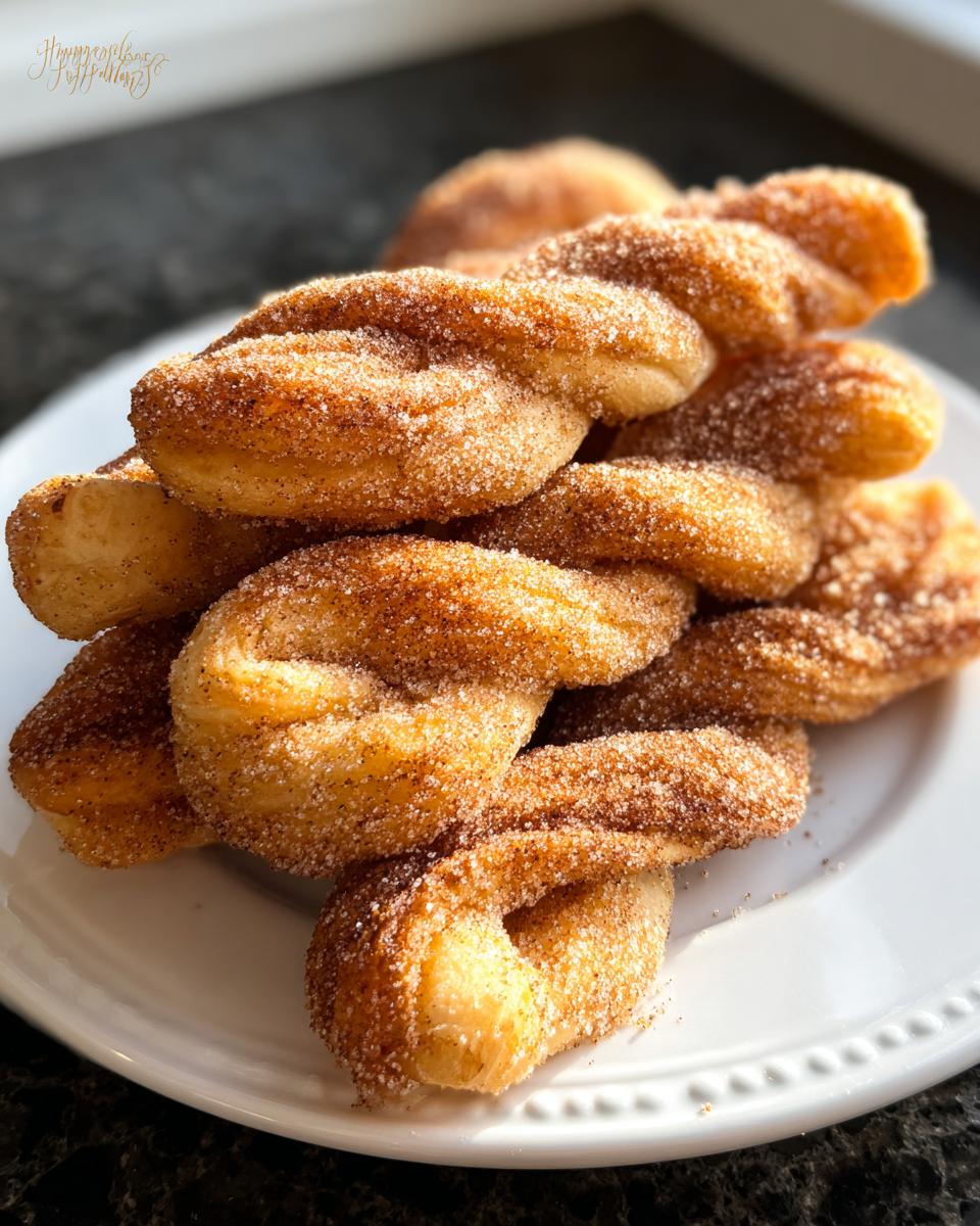 A stack of golden brown Air Fryer Cinnamon Twists heavily coated in cinnamon sugar resting on a white plate.
