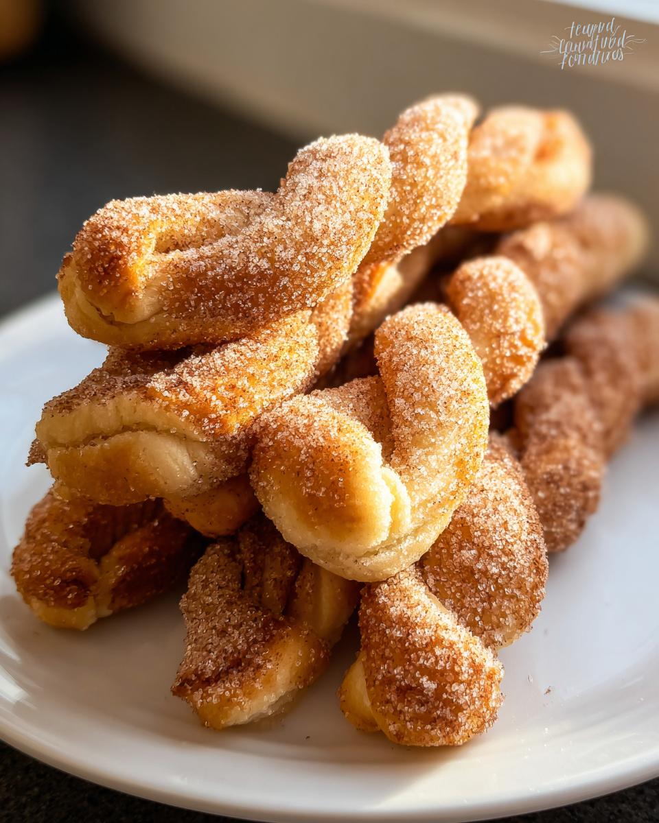 Close-up of a stack of golden Air Fryer Cinnamon Twists heavily coated in sparkling cinnamon sugar on a white plate.