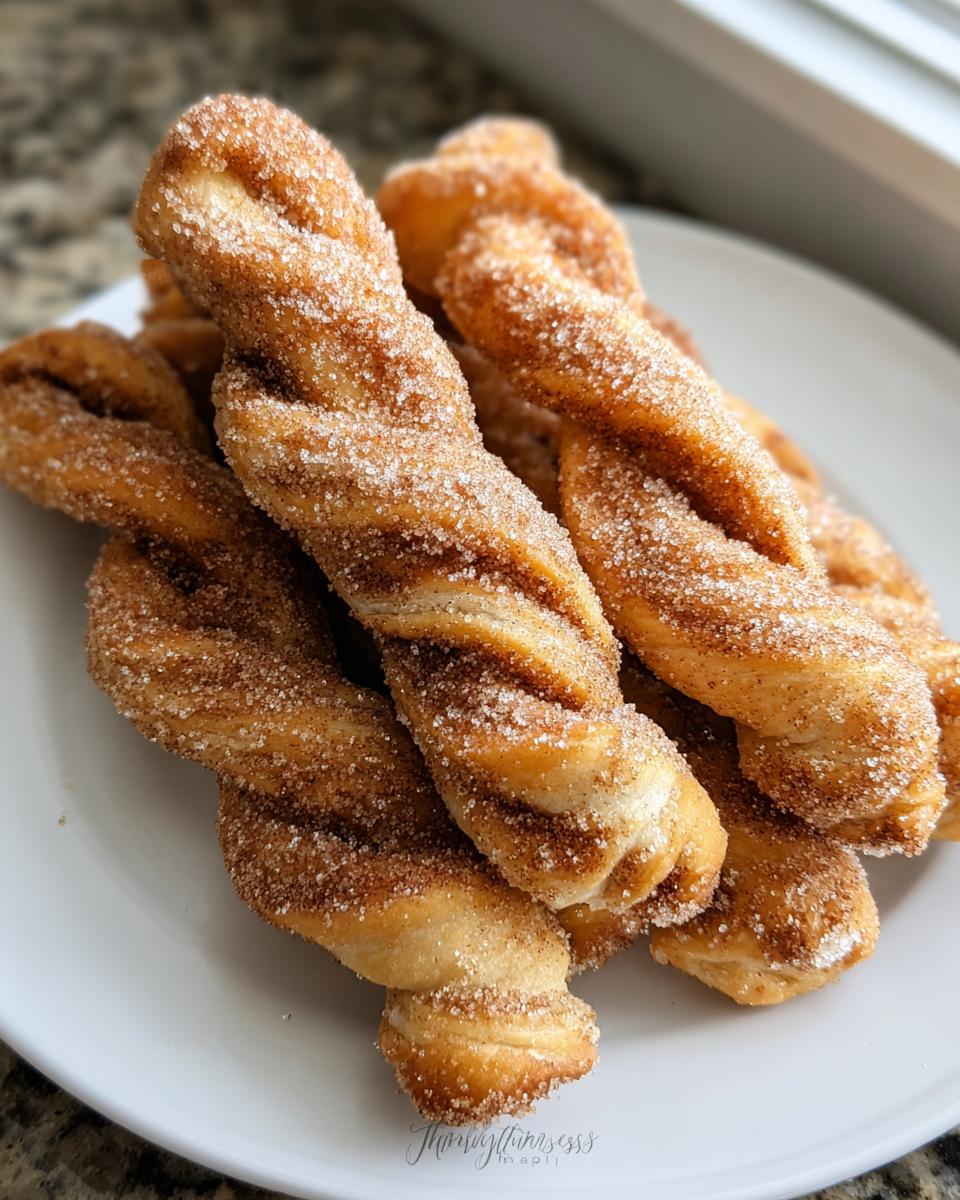 A close-up of several golden brown Air Fryer Cinnamon Twists heavily coated in sparkling cinnamon sugar on a white plate.
