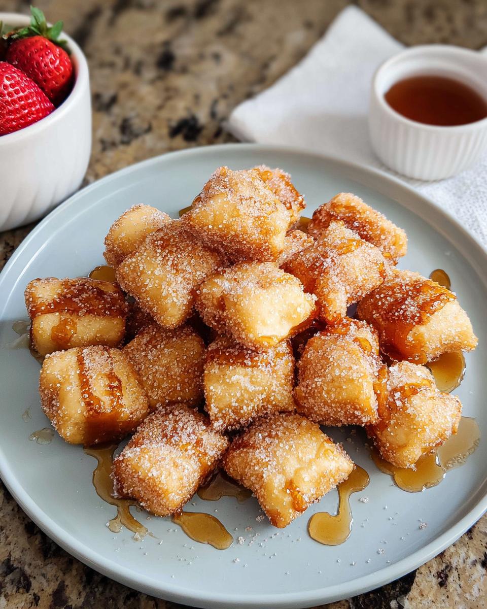 A pile of golden Air Fryer Crispy Sopapilla Bites coated in sugar and drizzled with honey on a light blue plate.