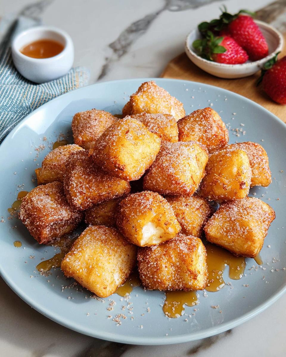 A plate piled high with golden Air Fryer Crispy Sopapilla Bites coated in cinnamon sugar and drizzled with honey.