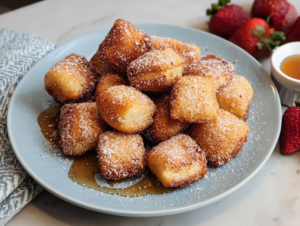A pile of golden brown Air Fryer Crispy Sopapilla Bites dusted with powdered sugar on a blue plate with syrup.