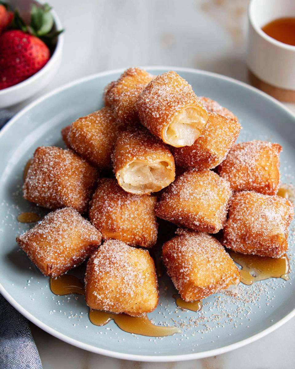 A stack of golden brown Air Fryer Crispy Sopapilla Bites coated in sugar, drizzled with syrup on a blue plate.
