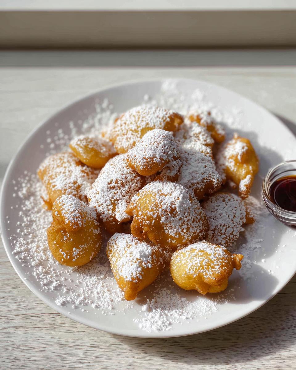 A plate piled high with golden brown Air Fryer Funnel Cake Bites dusted heavily with powdered sugar.