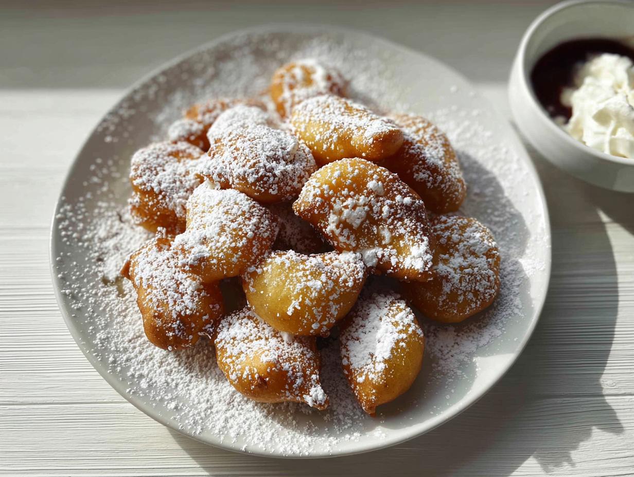 A plate of golden brown Air Fryer Funnel Cake Bites generously dusted with white powdered sugar.