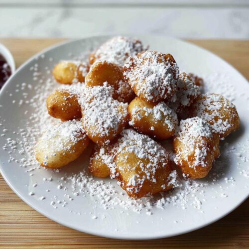 A plate piled high with golden brown Air Fryer Funnel Cake Bites generously dusted with powdered sugar.