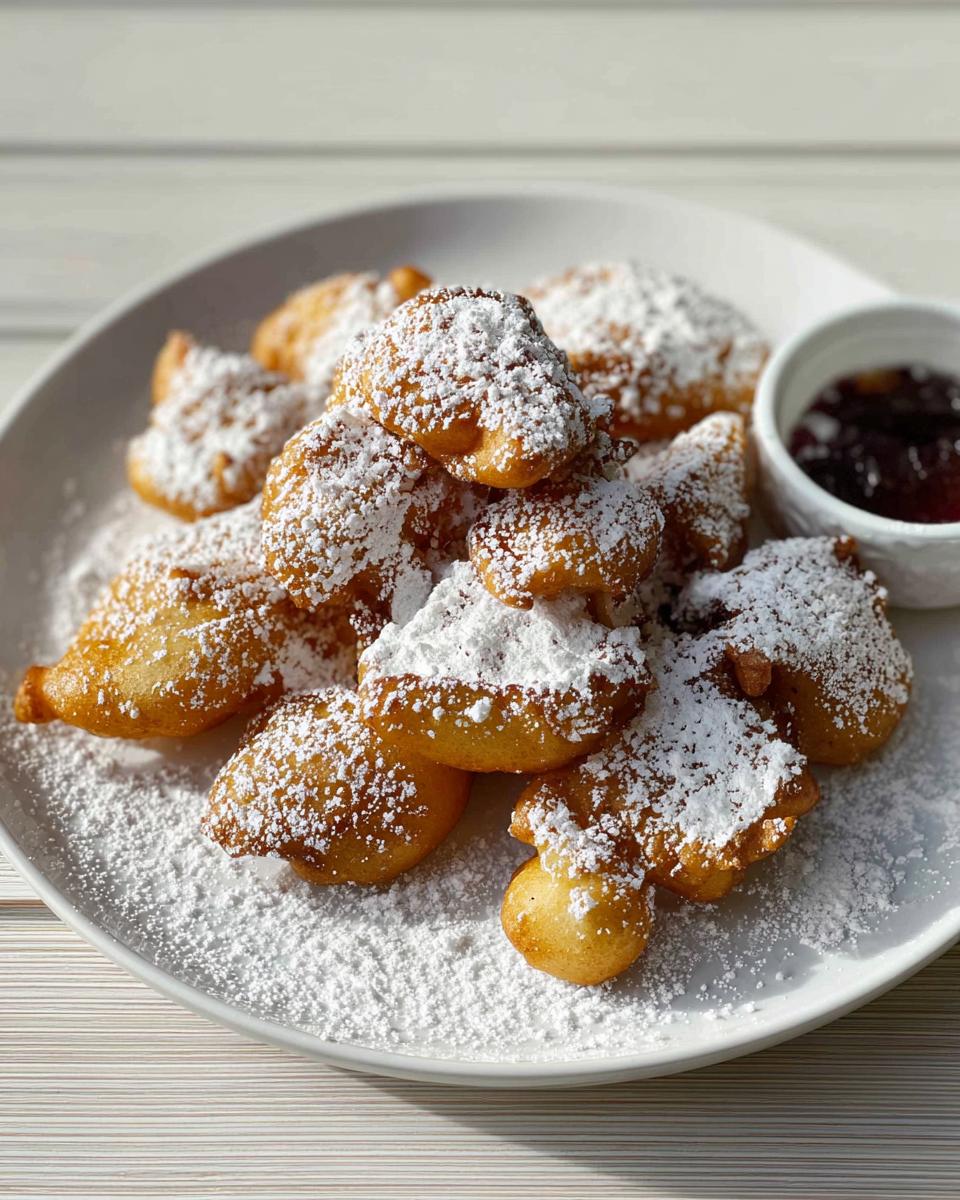A pile of golden brown Air Fryer Funnel Cake Bites dusted heavily with powdered sugar on a white plate.