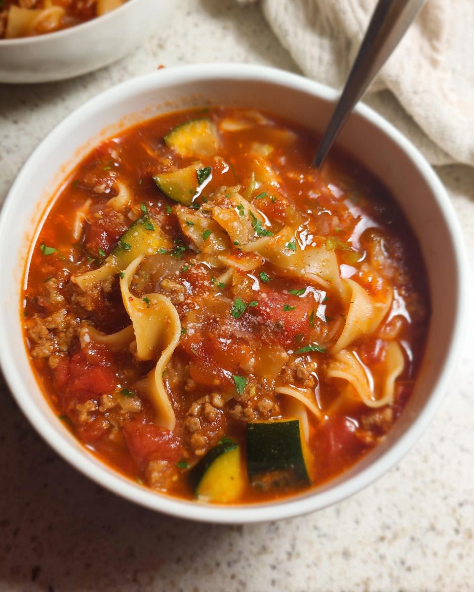 Close-up of a white bowl filled with Healthy Lasagna Soup, featuring pasta, ground meat, zucchini, and tomato broth.