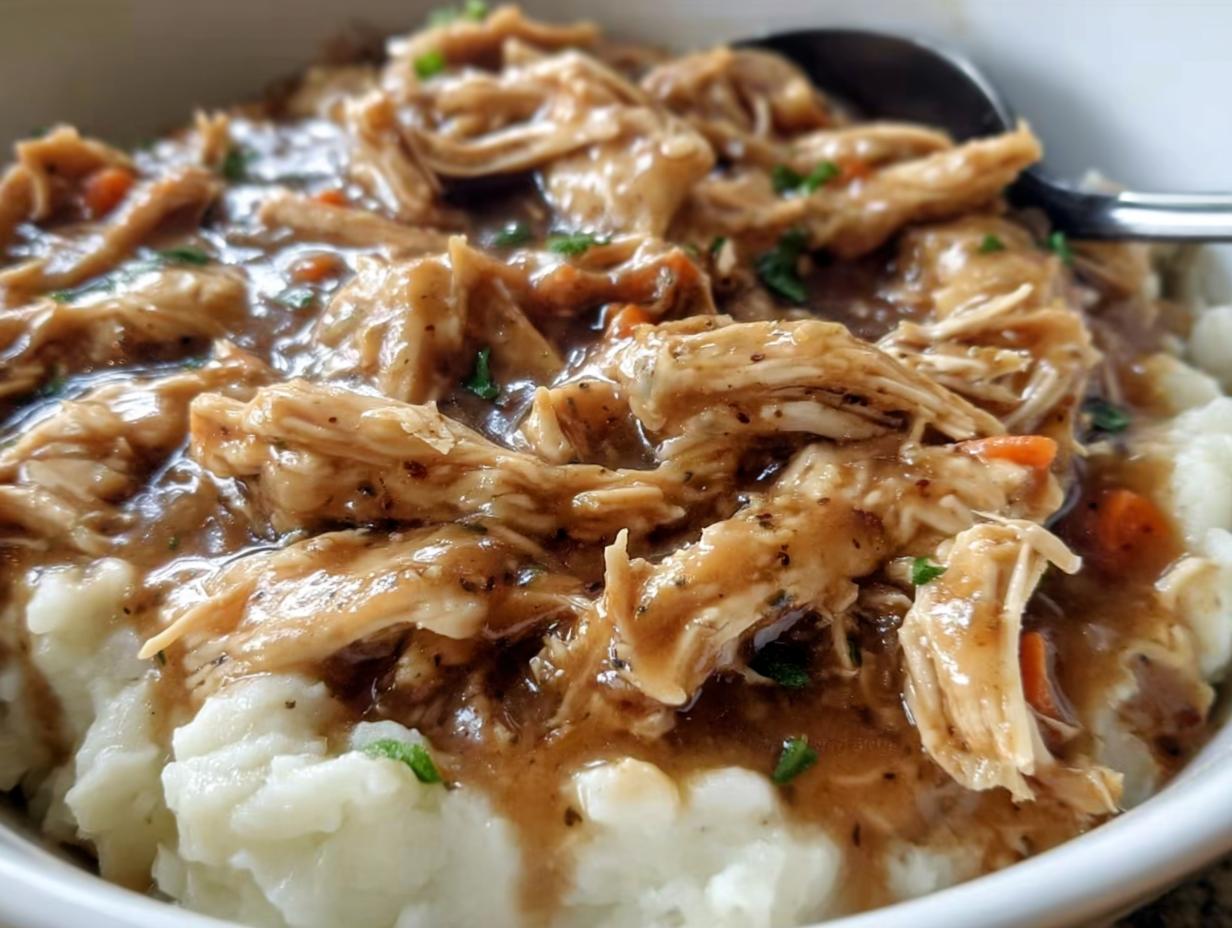 Close-up of shredded Asian Dump Chicken Crockpot served over creamy mashed potatoes with gravy and herbs.