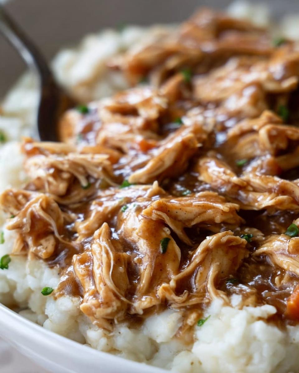 Close-up of shredded Asian Dump Chicken Crockpot in a rich brown sauce served over creamy mashed potatoes.