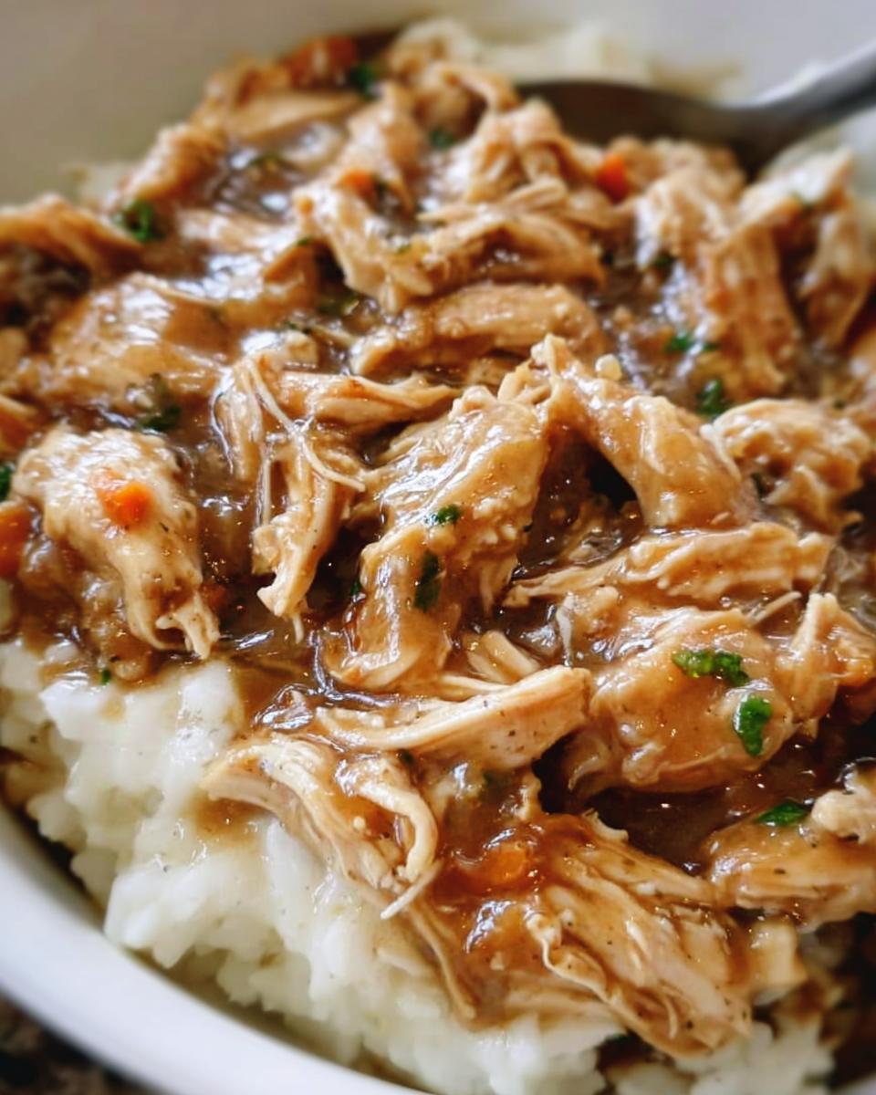 Close-up of shredded Asian Dump Chicken Crockpot served over a bed of white rice with gravy and specks of green herbs.