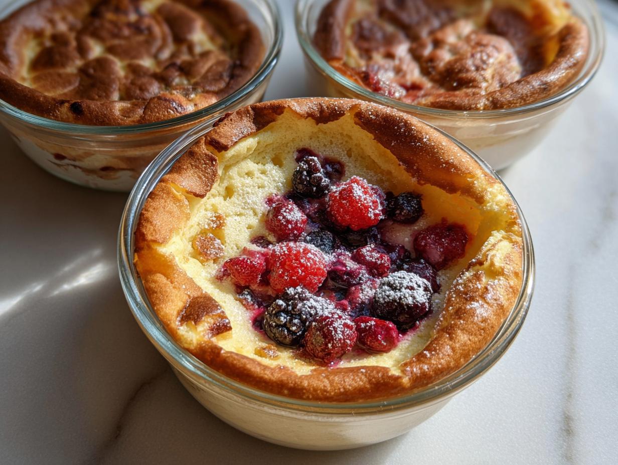 Three individual servings of baked Pancake Bowl You Bake in the Oven topped with mixed berries and powdered sugar.