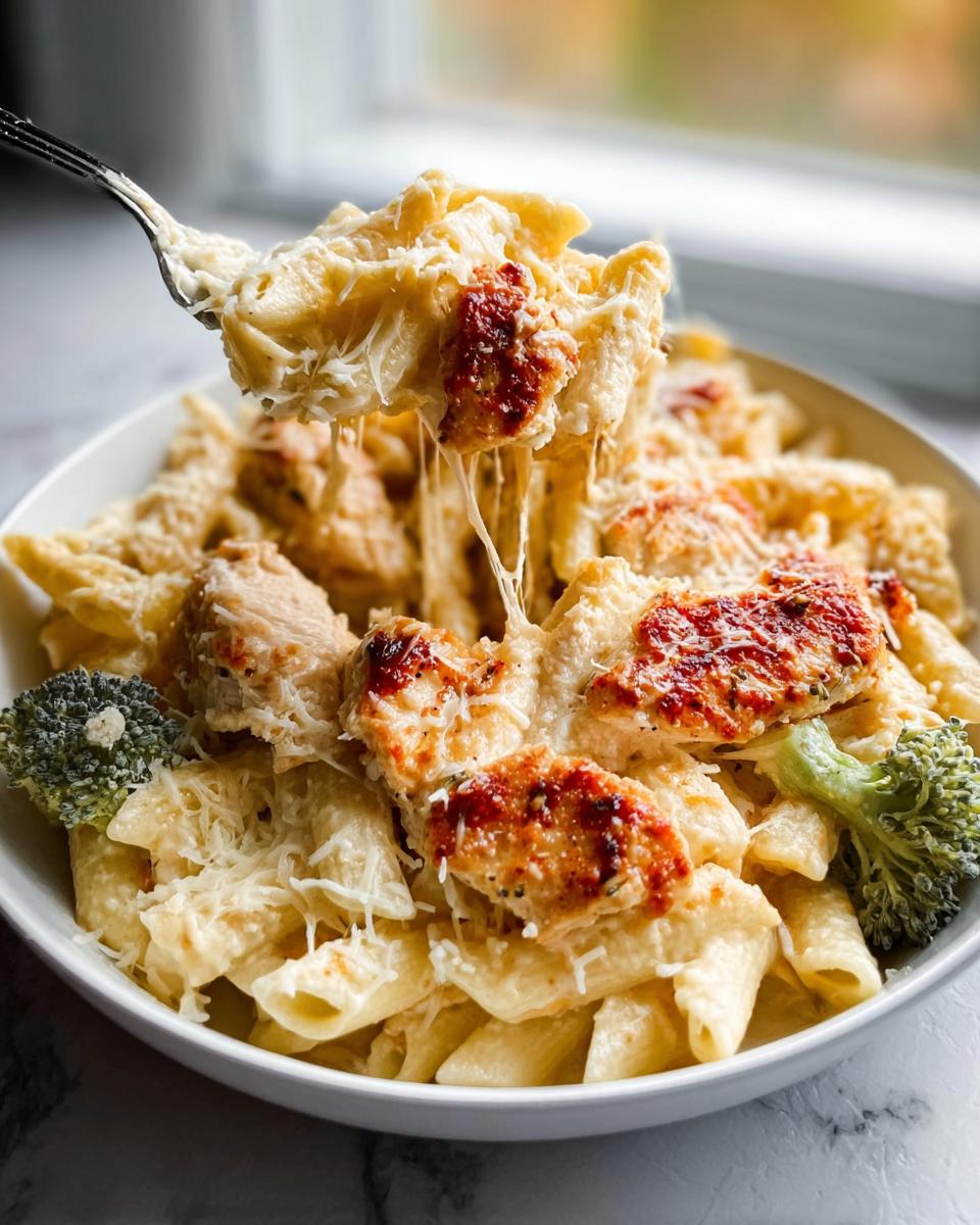 A fork pulls a cheesy, stringy bite from a bowl of Baked Garlic Parm Chicken Pasta with chicken pieces and broccoli.