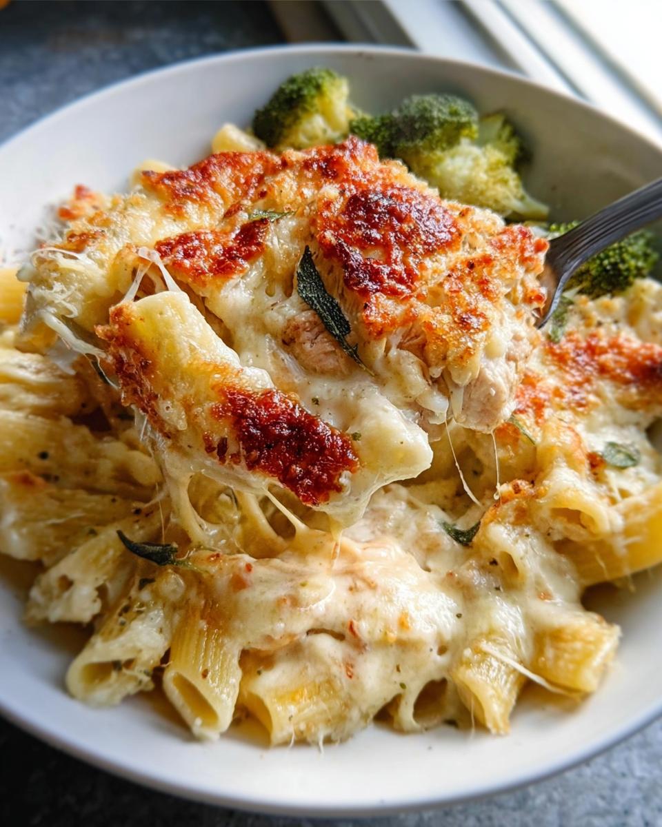 Close-up of a fork lifting cheesy Baked Garlic Parm Chicken Pasta with a golden-brown crust and steamed broccoli.