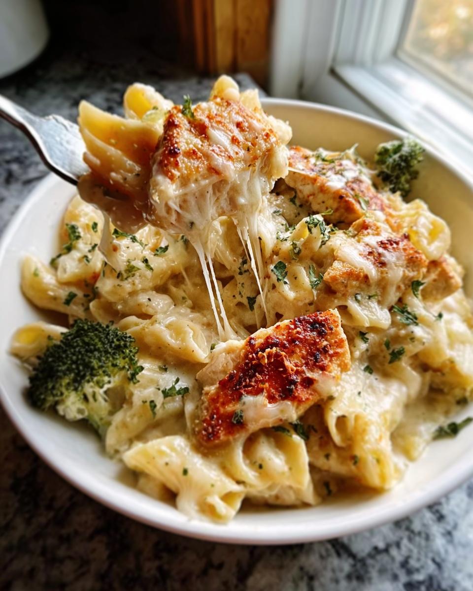 A fork lifting a piece of chicken from a bowl of Baked Garlic Parm Chicken Pasta, showing a dramatic cheese pull.